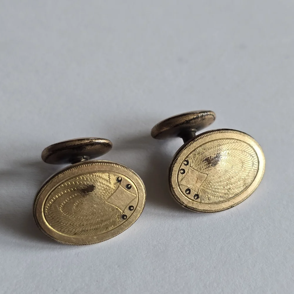 Vintage cuff links gold tone oval shield engraved edwardian art deco style